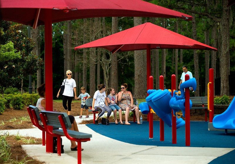 Fabric shade over playground sitting area