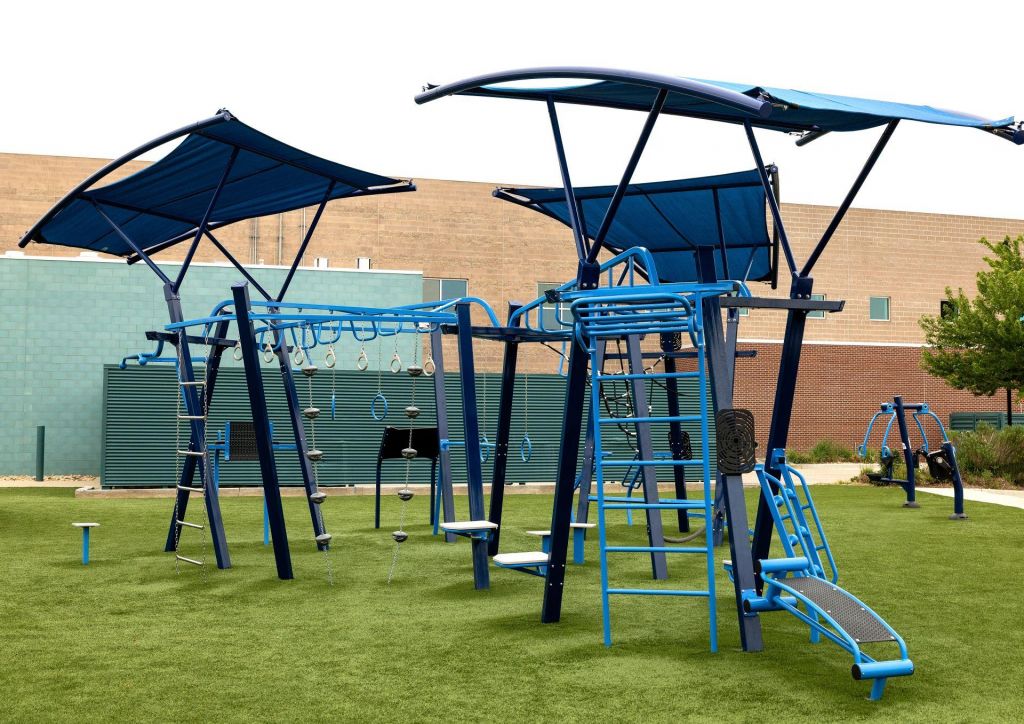 Shade over adult fitness equipment